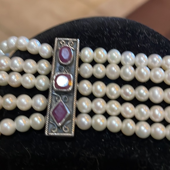 Sterling Silver, Ruby and Pearl 5 Strand Bracelet. - Picture 12 of 14